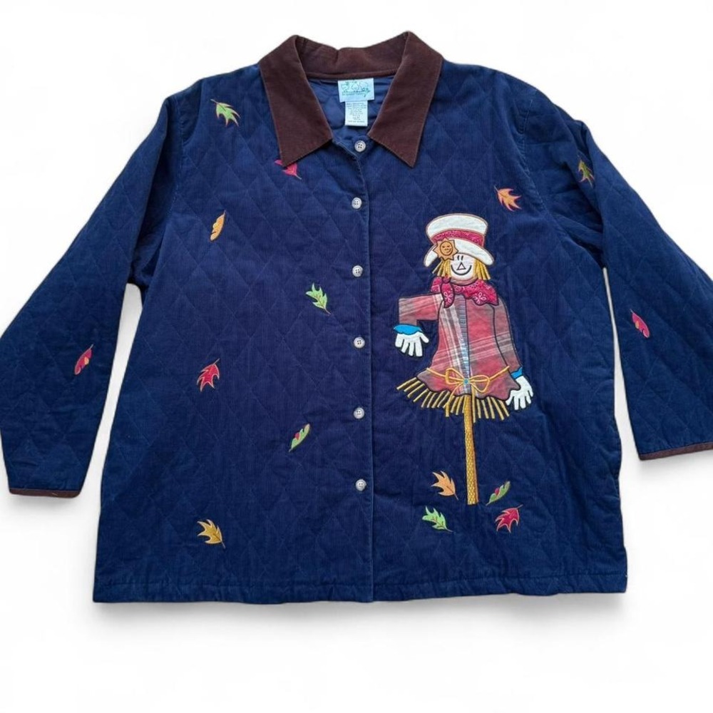 The Quacker Factory Women Size 3X Quilted Corduroy Jacket Embroidered Scarecrow